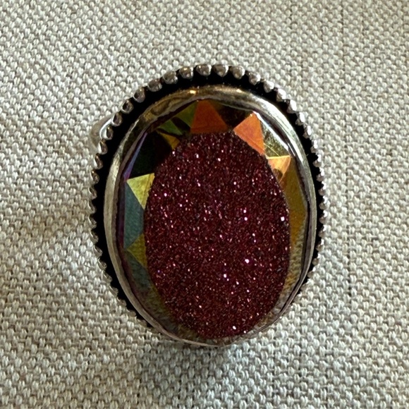 Vintage Colleen Lopez 925 Sterling Pink Druzy Ring Size 9 Adjustable - Picture 2 of 9